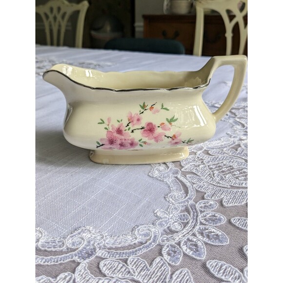 Vintage Canarytone Gravy Boat Cherry Blossoms Unmarked Silver Trim Porcelain - Picture 1 of 14